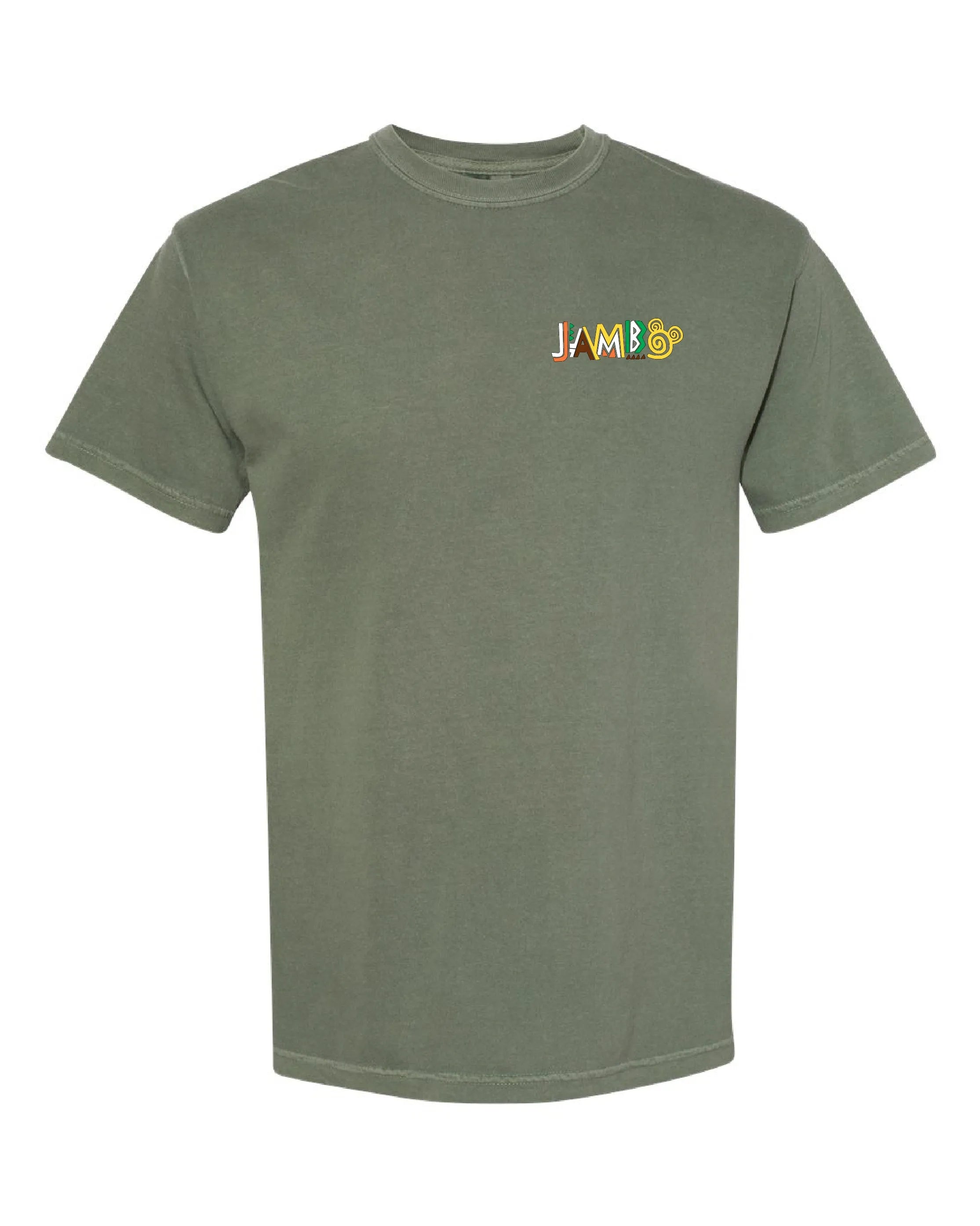 Olive green unisex t-shirt with colorful Jambo graphic on chest